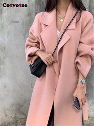 Women's Wool Blends Cotvotee Pink Coat Women Autumn Winter 2023 Korean Turn Down Collar Jacket Loose Long Sleeve Single Button Coats 231218