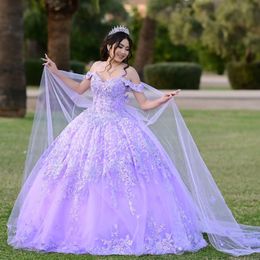 Lavender Princess Quinceanera Dresses Ball Gown Off The Shoulder Floral Lace Beads Corset Sweet 15 Vestidos De XV Anos