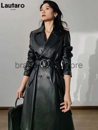 Women's Jackets Lautaro Spring Autumn Long Fitted Black Faux Leather Trench Coat for Women Belt Double Breasted Fashion 2022 Runway Raincoat J231219