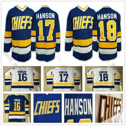 Cheap Man Hanson Brothers #16 #17 #18 Charlestown Chiefs Slap Shot White Blue Movie Hockey Jerseys Free Fast Shipping