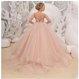 Girl Dresses Elegant Pink Flower Dress Lace Appliques Cap Sleeves Long Baby Birthday Wedding Princess Party First Communion Gown