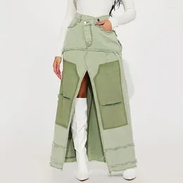 Two Piece Dress Women's Patchwork Colour Contrast Frosted Irregular HigH Waisted Zipper Split A-line Loose Denim Long Skirt