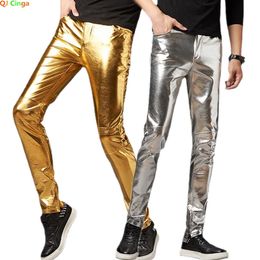 Men's Pants Silver Shiny Motorcycle PU Leather Men Brand Skinny Halloween Trousers Stage Prom Singer Costume 3XL 231218