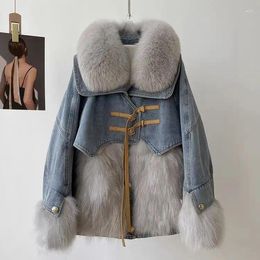 Women's Fur 2024 Winter Collar Down Inner Jeans Parkas Women Fashion Short Denim Splice Imitation Coat Female Loose Outwear R370