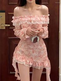 Casual Dresses 2023 Summer Floral Kawaii Fairy Mini Dress Women Sweet Lolita Party Elegant Female Sexy Off Shoulder Korea