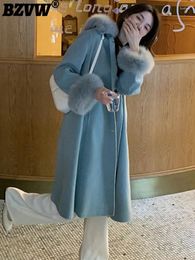 Women's Fur BZVW 2023 Autumn/Winter High End Double Sided Cashmere Coat Hooded Collar Mid Length Woollen For Women 25X3781