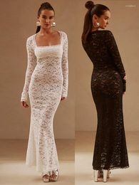 Casual Dresses Elegant Lace See Through Maxi Dress Women Summer Sexy Square Neck Long Sleeve Bodycon Wedding Party 2023