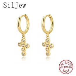 Hoop & Huggie SilJew 925 Sterling Silver Dangling Cross Earrings Cubic Zirconia Jewelled Various Pendant Drop Dangle Gift308n