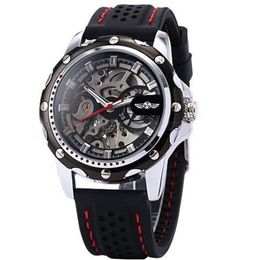 2022 New Winner Black Rubber Band Automatic Mechanical Skeleton Watch For Men Fashion Gear Wrist Watch Reloj Army Hombre Horloge269L