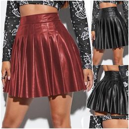 Skirts Spring Autumn Women Black Faux Leather High Waist Club Pleated A Line Solid Colour Mini Short Skirtsskirts Drop Delivery Apparel Otpcd