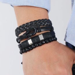 Charm Bracelets Fashion 4Pcs Combination Genuine Leather Bracelet For Men Vintage Suit Black Beads Men's Jewellery Accessories