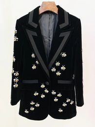 Womens Suits Blazers HIGH STREET est FW Designer Jacket Single Button Stunning Rhinestone Diamonds Beaded Bee Velvet Long Blazer 231218