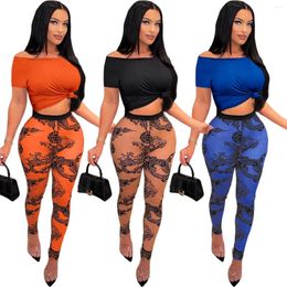 Women's Two Piece Pants 2023 Casual Holiday Style Women Suit Short Sleeve Card Shoulder Dew Waist Top Elastic Long Printed Sets