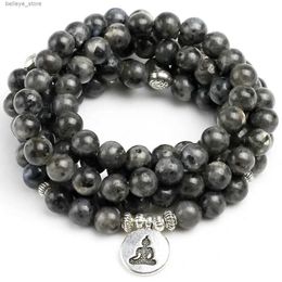 Charm Bracelets Natural Black Flash Stone Labradorite Strand Bracelet Handmade Men 108 Mala Yoga Bracelet or Necklace OM Charm Women BraceletL23121