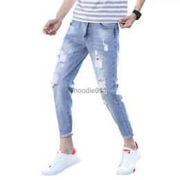 Men's Jeans Korean Style Mid-rise Button Zipper Fly Pockets Men Slim Fit Skinny Jeans Ripped Holes Slim Fit Denim Pants Streetwear L231220