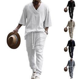 Men's Tracksuits Mens Casual Sweater Set Summer Loose Short Sleeved T-Shirt Long Pants Knitting