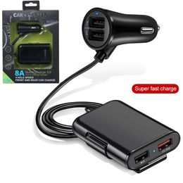 60W 8A Front Back Seat 4 Port Car Charger USB Fast Quick Charge Car Chargers Power Adapters For iPhone 13 14 15 Huawei Samsung Android phone With Box