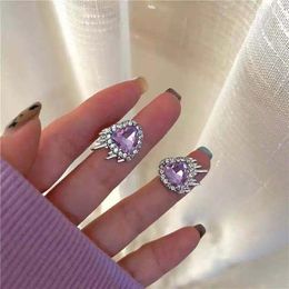 Stud Earrings Western Style Purple Crystal Heart Earring For Women Egirl Cool Statement Hip Hop Punk 2023 Fashion Trendy