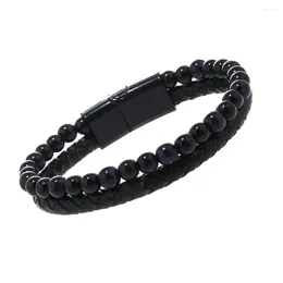 Bangle Trendy Natural Stone Beaded Leather Braided Fashion Alloy Rope Bracelets For Men Black Volcanic Jewelry Gift