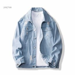 Men's Jackets Retro Distressed Wash Hole Solid Denim Jackets Autumn Spring Cotton Jaqueta Jeans Streetwear Wide Waisted Chaqueta Hombre CoatsL231026