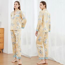 Women's Sleepwear Yellow Printed Casual Home Wear Fashion Satin Long Sleeved Pants 2PCS Sexy Lapel Intimate Lingerie Nightwear