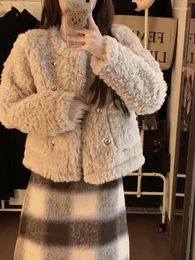 Women's Fur Stylishe Women Faux Coat O Neck Thick Warm Elegant Office Female Short Jacket Autumn Winter Button Long Sleeve Top Outerwear