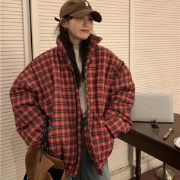 Women's Trench Coats Winter Warm Plaid Parkas Women Y2K Vintage Streetwear Loose Oversized Down Korean Harajuku Preppy All Match Puffer