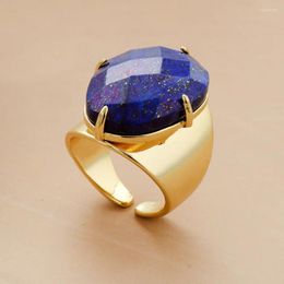 Cluster Rings Big Stone High Quality Jewelry Fashion Gold Plated Lapis Lazuli Luxury Party Ring Size 7