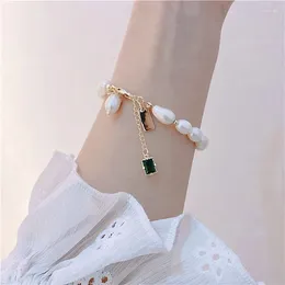 Charm Bracelets Natural Fresh Water White Oval Pearl Beads For Women Girl Green Square Pendant Bracelet Jewellery Brazalete