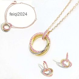 Europe America Fashion Necklace Bracelet Lady Women Brass Engraved Letter Settings Pink Diamond Three Circles Pendant 18K Gold Chain Jewelry Sets