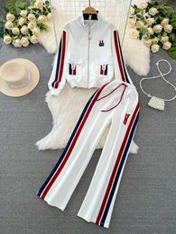 Women's Two Piece Pants 2024 Spring Casual Sporty Pant Sets 2 Long Sleeve Jacket And Suit White Outfit