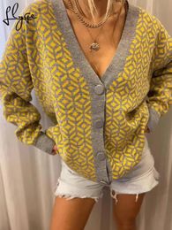 Sweaters Printed Vneck Women Sweaters Cardigan Oversized Loose Check Autumn Ladies Sweater 2022 New Fashion Long Sleeve Tops Knitwear