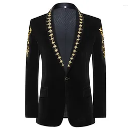 Men's Suits Fashion Banquet Gold Floral Embroidery Velvet Suit Jacket Male Shawl Collar One Button Dress Blazer Wedding Evening Party Tuxedo