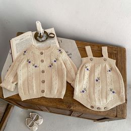 Autumn Baby Baby Sweater Girl Baby Embroidered Hollow Knit Coat + Suspenders 2 Sets