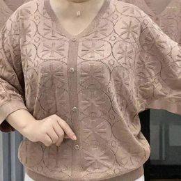 Women's Blouses Commute Casual V-Neck Button Blouse Loose Stylish Hollow Out Clothing Spring Summer 3/4 Sleeve Vintage Knitted Shirt