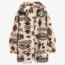 Women's Jackets 2024 Fall Winter Fleece Ethnic Style Hooded Coat With Pockets Printed Fluffy Teddy Fabric Warm Outerwear