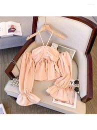 Women's Blouses Pink Shirts Vintage Korean Harajuku 90s Aesthetic Y2k 2000s Elegant Off Shoulder Long Sleeve Shirt Clothes 2023
