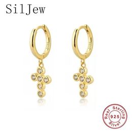 Hoop & Huggie SilJew 925 Sterling Silver Dangling Cross Earrings Cubic Zirconia Jewelled Various Pendant Drop Dangle Gift243e