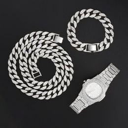 Pendant Necklaces 15mm Necklace Watch Bracelet Hip Hop Miami Curb Cuban Chain Gold Iced Out Paved Rhinestones CZ Bling Rapper For257g