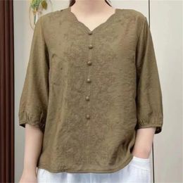 Women's Blouses Summer V Neck Half Sleeve Loose Shirts Ladies Clothing Vintage Korean Style Embroidery Elegant Cotton Linen Tops