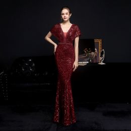 Wine red Evening Dress V Neck Women Elegant Short Sleeve Sequin Mermaid Maxi Prom Party Gown Abendkleider Robe De Soiree Vestidos