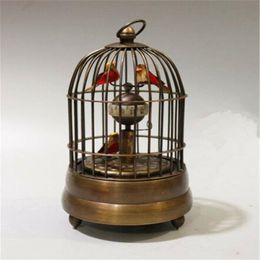 new Collectible Decorate Old Handwork Copper Two Bird In Cage Mechanical Table Clock209n