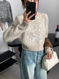 Women s Sweaters Sparkling Knitted Sweater Women Elegant O Neck Long Sleeve Sequin Autumn Winter Chic Lady Loose Solid Pullover 231219