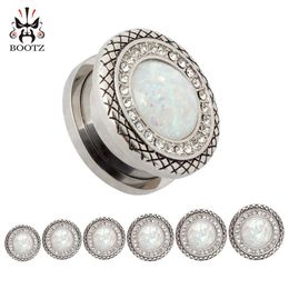 KUBOOOZ Stainless Steel White Opal Pattern Screw Ear Plugs Tunnels Body Jewellery Piercing Earring Gauges Stretchers Expanders Whole283y