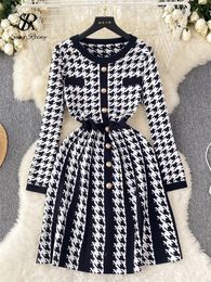 Basic Casual Dresses SINGREINY Houndstooth Knitted A Line Dress O Neck Full Sleeve Button Korean Style Streetwear Fashion Winter Sweater 231219