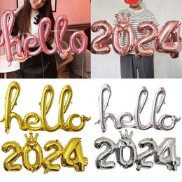 Rose Gold Silver Crown 2024 Digital Balloon Year Eve Party Decor Conjoined Hello Letter Number Foil Ballons Xmas Globos 231220