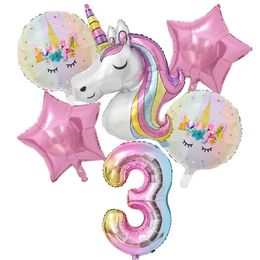 1Set Rainbow Unicorn Balloon 32 inch Number Foil Balloons 1st Kids Theme Birthday Party Decorations Baby Shower Globos 231220