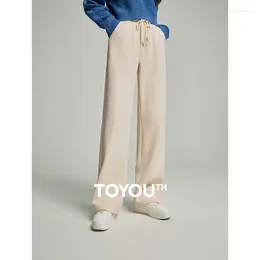 Women's Pants Toyouth Women Fleece Thicken Sweatpant 2023 Winter Drawstring Waist Straight Wide-leg Trousers Comfort Soft Beige Black