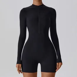 Active Sets Long Sleeve Zipper Dance Yoga Short Jumpsuit Playsuit Women Romper Sportswear One Piece Gym Set Female Fitness Sport Overalls