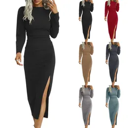 Casual Dresses Spring Bodycon Midi Dress Women Long Sleeve Ruched Slim Fit Evening For Female Slit Party Cocktail Robe